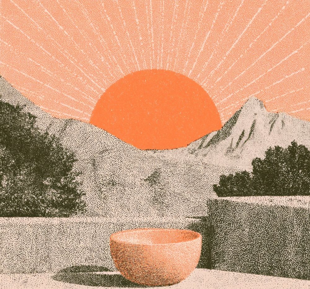 Riso print of a sound bowl in a basin at sunrise